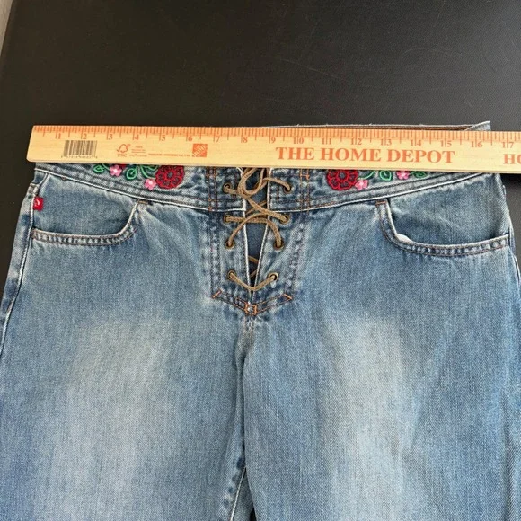 Y2K Hollister Boot Cut Flare Jeans Womens 8R Lace Up Fly Floral Embroidered RARE - Picture 8 of 16